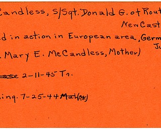 World War II, Vindicator, Donald G. McCandless, New Castle, missing, 1944, killed, Europe, Germany, 1945, Mrs. Mary E. McCandless, Trumbull