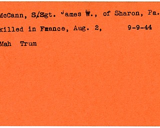 World War II, Vindicator, James W. McCann, Sharon, Pennsylvania, killed, France, 1944, Mahoning, Trumbull