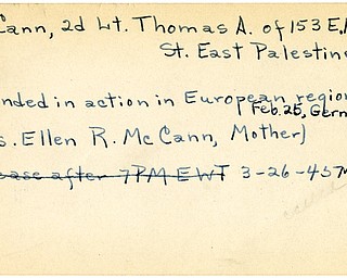 World War II, Vindicator, Thomas A. McCann, East Palestine, wounded, Europe, Germany, Mrs. Ellen R. McCann, 1945, Mahoning, Trumbull
