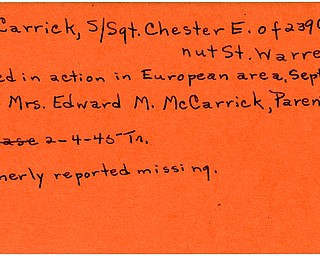 World War II, Vindicator, Chester E. McCarrick, Warren, missing, killed, Europe, 1945, Trumbull, Mr. & Mrs. Edward M. McCarrick