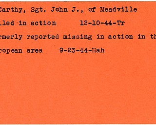 World War II, Vindicator, John J. McCarthy, Meadville, missing, Europe, killed, 1944, Trumbull, Mahoning