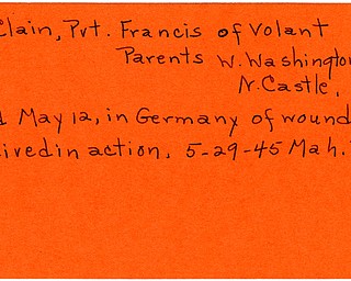 World War II, Vindicator, Francis McClain, Volant, parents of New Castle, wounded, died, killed, Germany, 1945, Mahoning, Trumbull