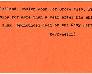 World War II, Vindicator, John McClelland, Grove City, Pennsylvania, missing, ship sunk, pronounced dead by Navy Dept, dead, killed, 1944, Trumbull