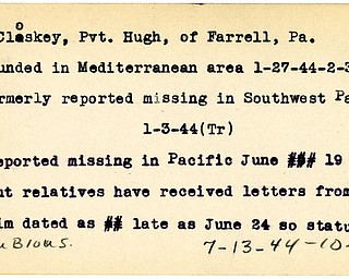 World War II, Vindicator, Hugh McCloskey, Farrell, Pennsylvania, wounded, Mediterranean, 1944, missing, Southwest Pacific, Trumbull, Pacific, relatives received letters