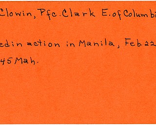 World War II, Vindicator, Clark E. McClowin, Columbiana, killed, Manila, 1945, Mahoning