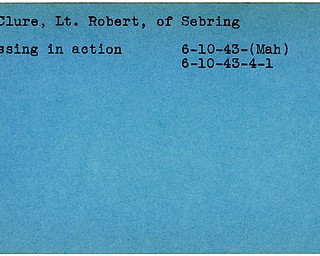 World War II, Vindicator, Robert McClure, Sebring, missing, 1943, Mahoning