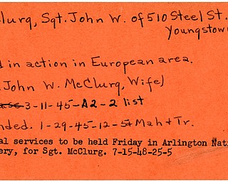 World War II, Vindicator, John W. McClurg, Youngstown, wounded, killed, Europe, 1945, Mrs. John W. McClurg, Mahoning, Trumbull, funeral services, Arlington National Cemetery, 1948