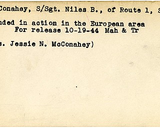 World War II, Vindicator, Niles B. McConahey, Sharon, wounded, Europe, 1944, Mahoning, Trumbull, Mrs. Jessie N. McConahey