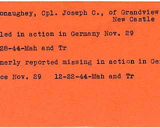 World War II, Vindicator, Joseph C. McConaughey, New Castle, missing, Germany, killed, 1944, Mahoning, Trumbull