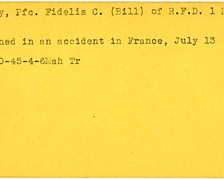 World War II, Vindicator, Fidelis C. (Bill) McCoy, Negley, drowned, accident, France, 1945, Mahoning, Trumbull