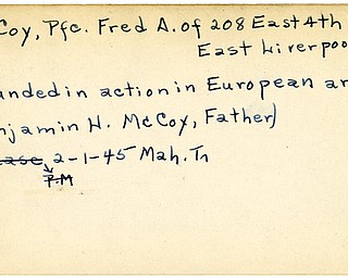 World War II, Vindicator, Fred A. McCoy, East Liverpool, wounded, Europe, 1945, Mahoning, Trumbull, Benjamin H. McCoy