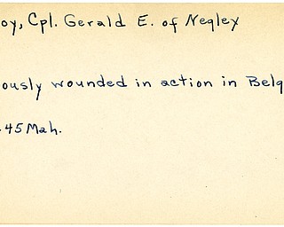 World War II, Vindicator, Gerald E. McCoy, Negley, wounded, Belgium, 1945, Mahoning