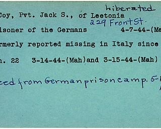 World War II, Vindicator, Jack S. McCoy, Leetonia, missing, Italy, prisoner, Germans, Germany, 1944, liberated, freed from German prison camp, 1945, Mahoning