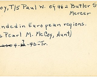 World War II, Vindicator, Paul W. McCoy, Mercer, wounded, Europe, 1945, Trumbull, Miss Pearl M. McCoy