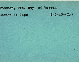 World War II, Vindicator, Ray McCreaner, Warren, prisoner, Japs, Japanese, Japan, 1943, Trumbull