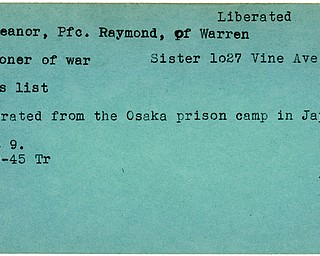 World War II, Vindicator, Raymond McCreanor, Warren, prisoner, liberated, Osaka prison camp in Japan, 1945, Trumbull
