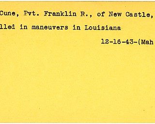 World War II, Vindicator, Franklin R. McCune, New Castle, Pennsylvania, killed in maneuvers in Louisana, killed, Louisiana, 1943, Mahoning, City