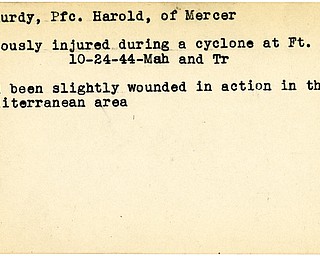 World War II, Vindicator, Harold McCurdy, Mercer, injured, wounded, during cyclone at Ft. Jackson, 1944, wounded, Mediterranean, Mahoning, Trumbull