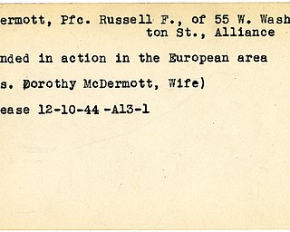 World War II, Vindicator, Russell F. McDermott, Alliance, wounded, Europe, 1944, Mrs. Dorothy McDermott