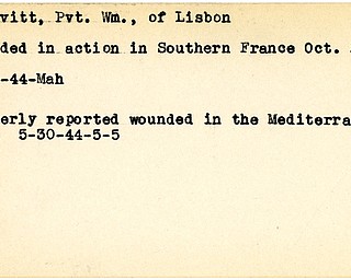 World War II, Vindicator, Wm. McDevitt, William McDevitt, Lisbon, wounded, Mediterranean, Southern France, 1944, Mahoning