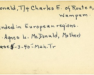 World War II, Vindicator, Charles E. McDonald, Wampum, wounded, Europe, 1945, Mahoning, Trumbull, Mrs. Agnes L. McDonald