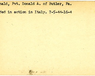 World War II, Vindicator, Donald A. McDonald, Butler, Pennsylvania, wounded, Italy, 1944