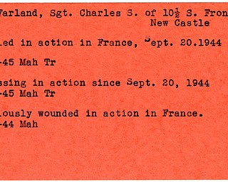 World War II, Vindicator, Charles S. McFarland, New Castle, wounded, France, 1944, missing, killed, France, 1945, Mahoning, Trumbull