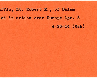 World War II, Vindicator, Robert E. McGaffic, Salem, killed, Europe, 1944, Mahoning