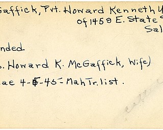 World War II, Vindicator, Howard Kenneth McGaffick, Salem, wounded, 1945, Mahoning, Trumbull, Mrs. Howard K. McGaffick
