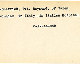 World War II, Vindicator, Raymond McGaffick, Salem, wounded, Italy, in Italian Hospital, 1944, Mahoning