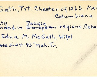 World War II, Vindicator, Chester McGath, Columbiana, wounded, Pacific, Cebu, 1945, Mahoning, Trumbull, Mrs. Edna M. McGath
