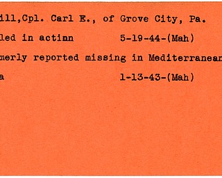 World War II, Vindicator, Carl E. McGill, Grove City, Pennsylvania, missing, Mediterranean, 1943, killed, 1944, Mahoning