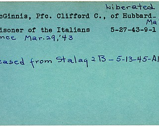 World War II, Vindicator, Clifford C. McGinnis, Hubbard, prisoner, Italians, 1943, liberated, released from Stalag, 1945, Trumbull