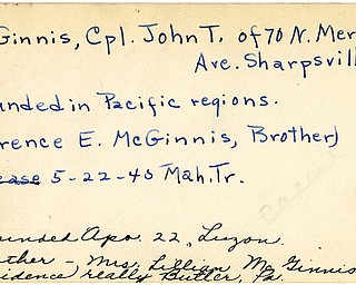 World War II, Vindicator, John T. McGinnis, Sharpsville, wounded, Pacific, 1945, Mahoning, Trumbull, Clarence E. McGinnis, wounded, Apo, Luzon, Mrs. Lillian McGinnis, Butler, Pennsylvania