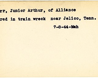 World War II, Vindicator, Junior Arthur McGirr, Alliance, injured, wounded, trian wreck, Jelico, Tennessee, 1944, Mahoning
