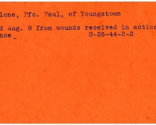 World War II, Vindicator, Paul McGlone, Youngstown, died of wounds, wounded, killed, Francel, 1944