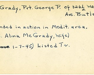 World War II, Vindicator, George P. McGrady, Butler, wounded, Mediterranean, 1945, Trumbull, Mrs. Alma McGrady
