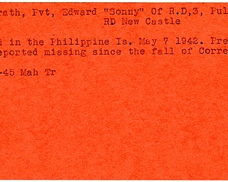 World War II, Vindicator, Edward "Sonny" McGrath, New Castle, died, Philippine Island: missing, fall of Corregidor, 1945, Mahoning, Trumbull
