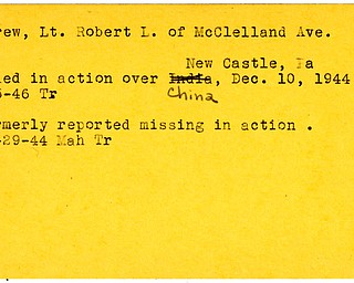 World War II, Vindicator, Robert L. McGrew, New Castle, Pennsylvania, missing, killed, China, 1944, 1946, Mahoning, Trumbull