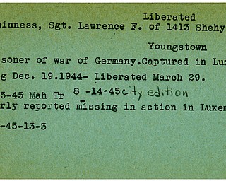 World War II, Vindicator, Lawrence F. McGuinness, Youngstown, prisoner, Germany, captured, missing, Luxembourg, 1944, liberated, Mahoning, Trumbull, 1945