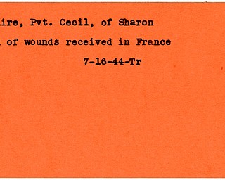 World War II, Vindicator, Cecil McGuire, Sharon, died of wounds, wounded, killed, France, 1944, Trumbull