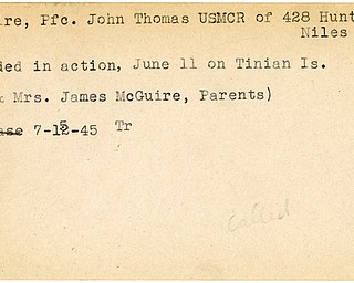 World War II, Vindicator, John Thomas McGuire, Niles, wounded, Tinian Island, 1945, Trumbull, Mr. & Mrs. James McGuire