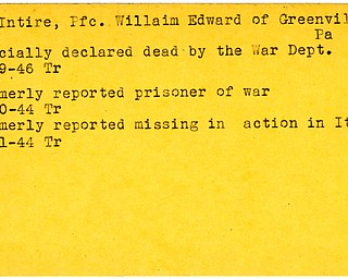 World War II, Vindicator, William Edward McIntire, Greenville, Pennsylvania, missing, Italy, prisoner, 1944, declared dead, 1946, Trumbull