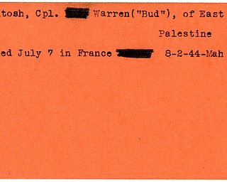World War II, Vindicator, Warren "Bud" McIntosh, East Palestine, killed, France, 1944, Mahoning