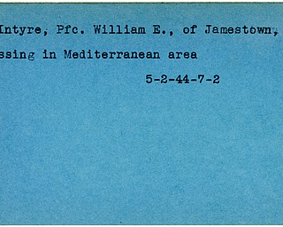 World War II, Vindicator, William E. McIntyre, Jamestown, Pennsylvania, missing, Mediterranean, 1944