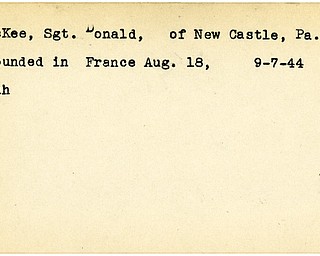 World War II, Vindicator, Donald McKee, New Castle, Pennsylvania, wounded, France, 1944, Mahoning