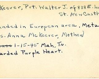 World War II, Vindicator, Walter J. McKeever, New Castle, wounded, Europe, Metz, Awarded Purple Heart, 1945, Mahoning, Trumbull