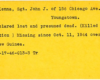 World War II, Vindicator, John J. McKenna, Youngstown, declared lost, presumed dead, killed, missing, 1944, over New Guinea, 1946