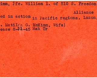 World War II, Vindicator, William E. McKimm, Alliance, killed, Pacific, Luzon, 1945, Mahoning, Trumbull, Mrs. Matilda G. McKimm