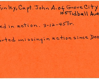 World War II, Vindicator, John A. McKinley, Grove City, missing, killed, 1945, Trumbull